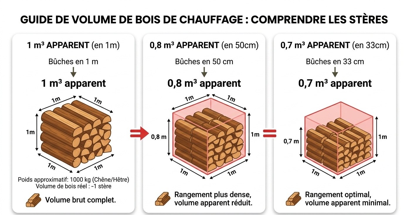 Comparaison du volume apparent d'un stère : 1 m³ en bûches de 1 mètre, 0,8 m³ en bûches de 50 cm, 0,7 m³ en bûches de 33 cm. Plus les bûches sont courtes, mieux elles s'emboîtent et moins le tas occupe de place.